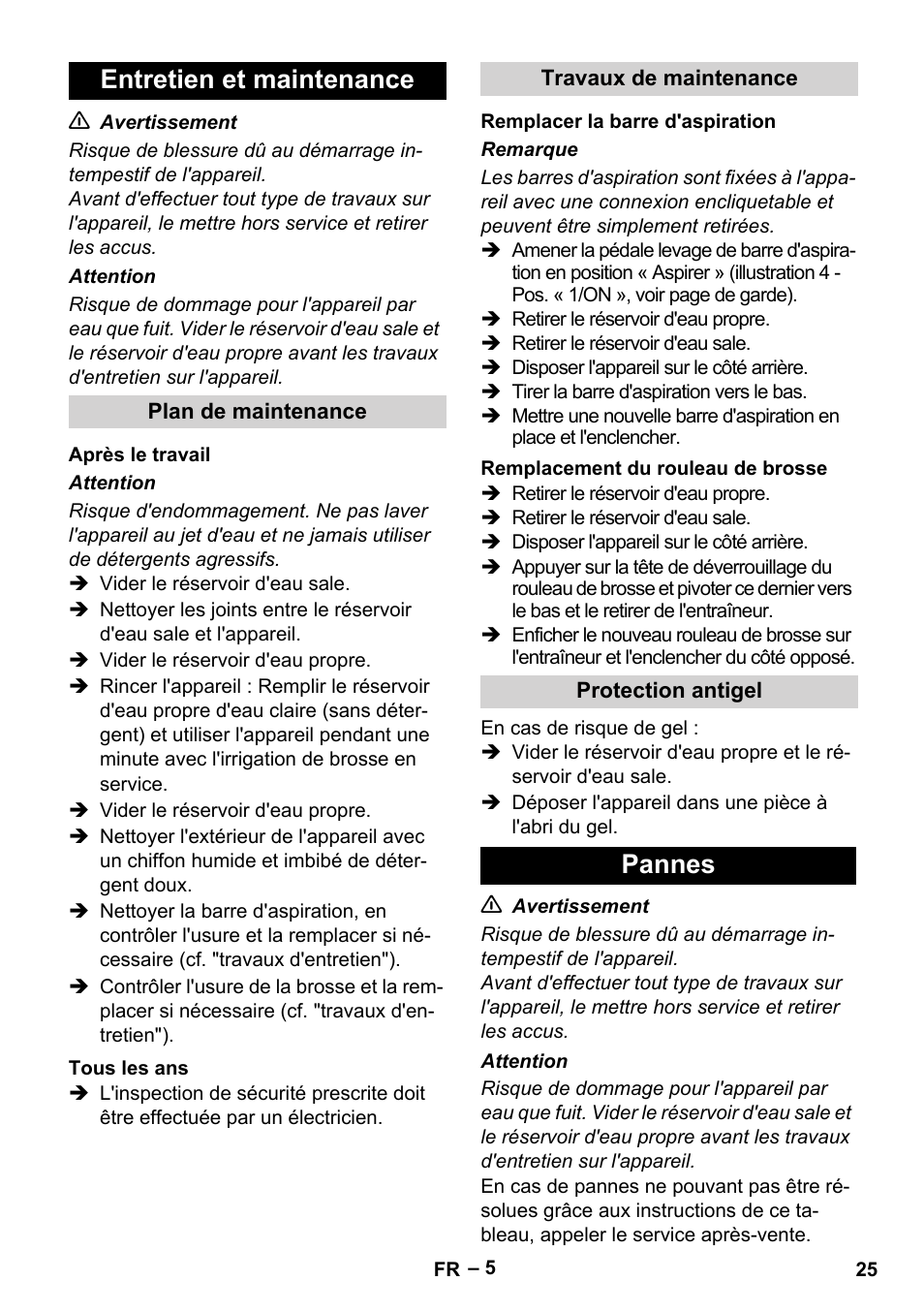 Entretien et maintenance, Pannes | Karcher BR 30-4 C Bp Pack User Manual | Page 25 / 252