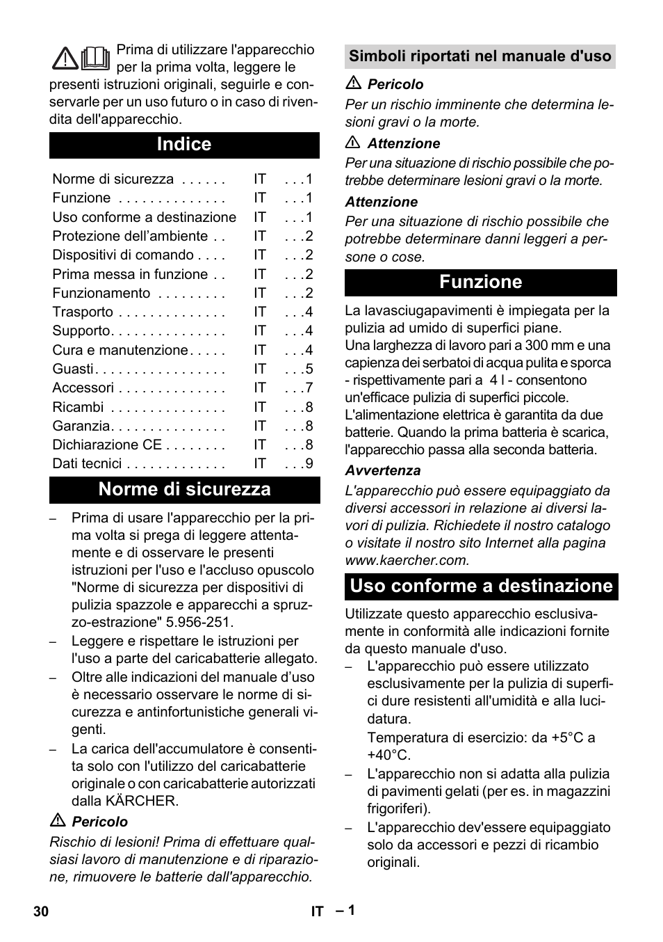 Italiano, Dansk, Indice | Norme di sicurezza, Funzione uso conforme a destinazione | Karcher BR 30-4 C Bp Pack User Manual | Page 30 / 252