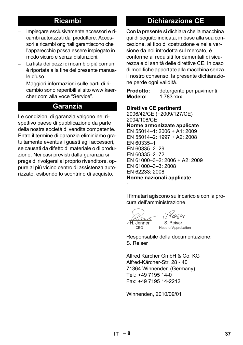 Ricambi garanzia dichiarazione ce | Karcher BR 30-4 C Bp Pack User Manual | Page 37 / 252