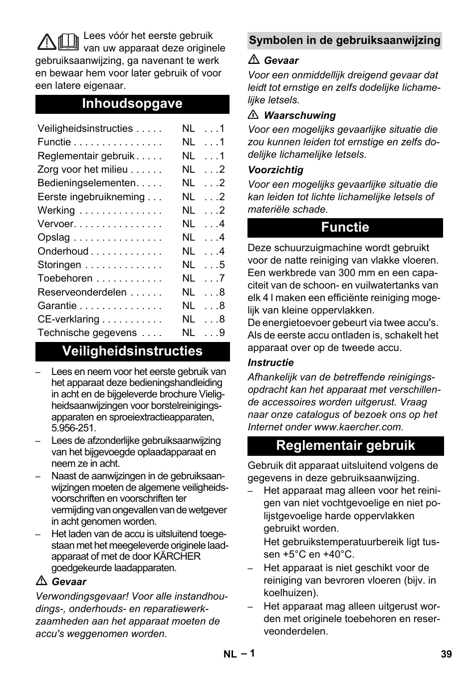 Nederlands, Norsk, Inhoudsopgave | Veiligheidsinstructies, Functie reglementair gebruik | Karcher BR 30-4 C Bp Pack User Manual | Page 39 / 252