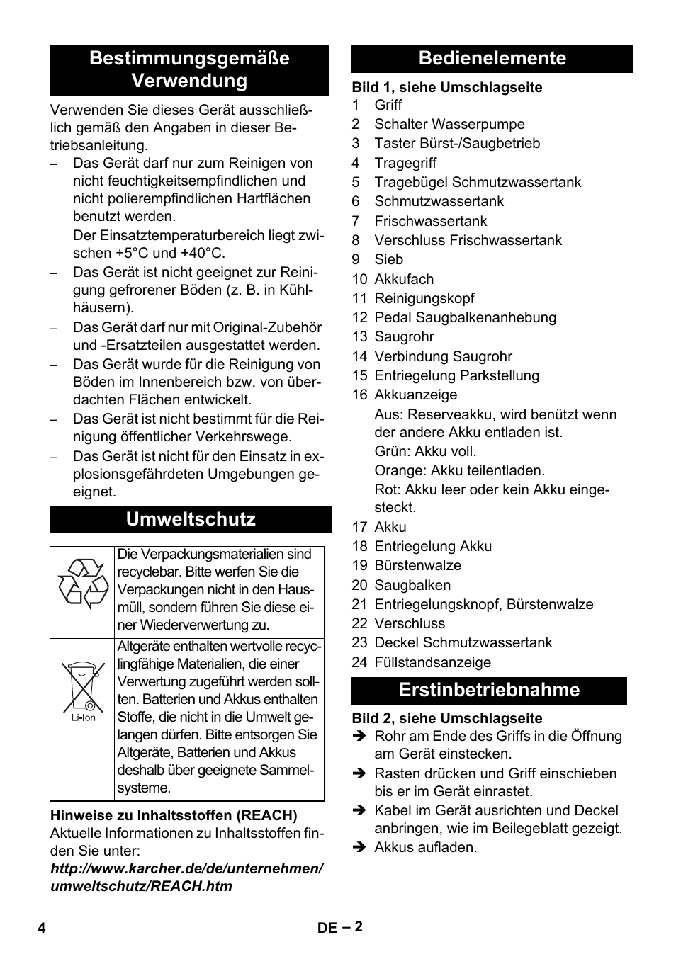 Bestimmungsgemäße verwendung umweltschutz, Bedienelemente erstinbetriebnahme | Karcher BR 30-4 C Bp Pack User Manual | Page 4 / 252