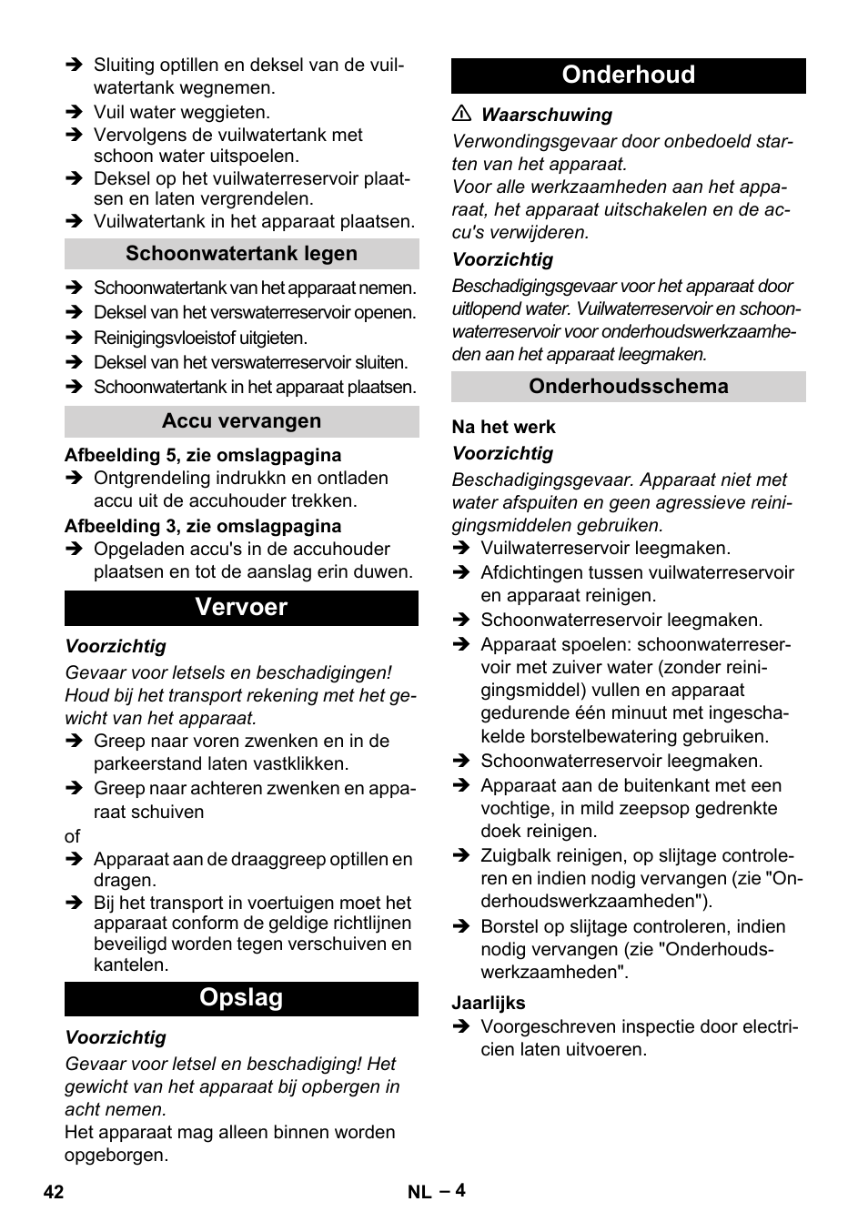 Vervoer opslag onderhoud | Karcher BR 30-4 C Bp Pack User Manual | Page 42 / 252