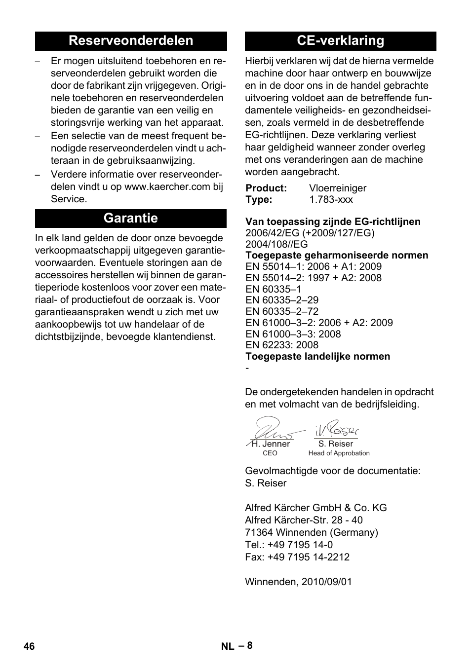 Reserveonderdelen garantie ce-verklaring | Karcher BR 30-4 C Bp Pack User Manual | Page 46 / 252
