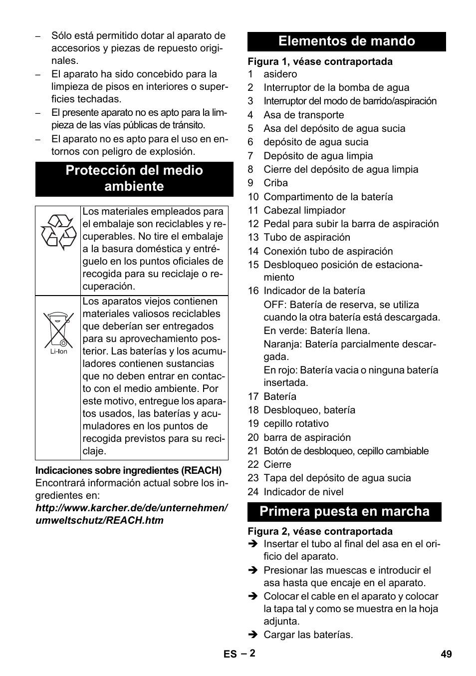 Protección del medio ambiente, Elementos de mando primera puesta en marcha | Karcher BR 30-4 C Bp Pack User Manual | Page 49 / 252