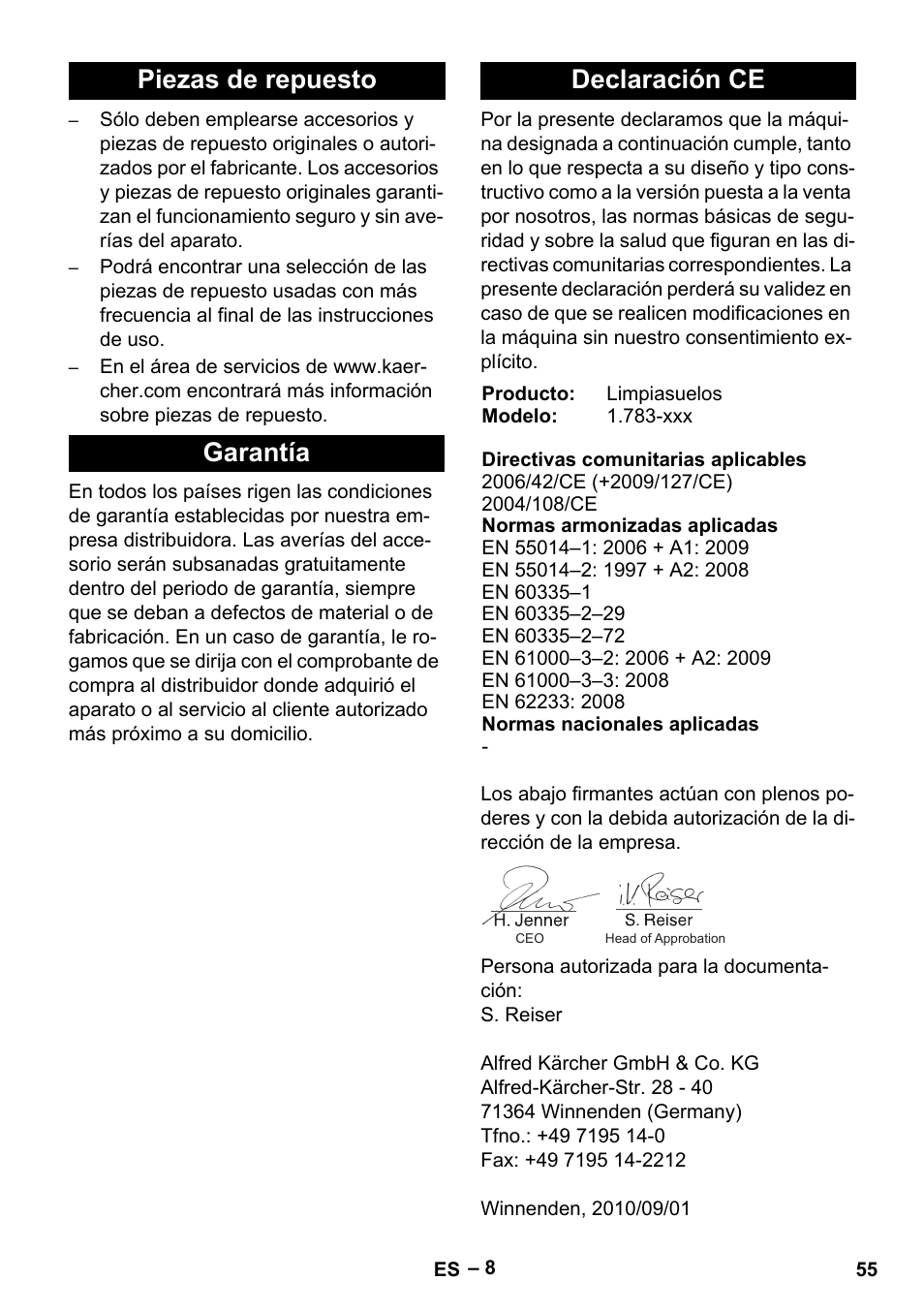 Piezas de repuesto garantía declaración ce | Karcher BR 30-4 C Bp Pack User Manual | Page 55 / 252