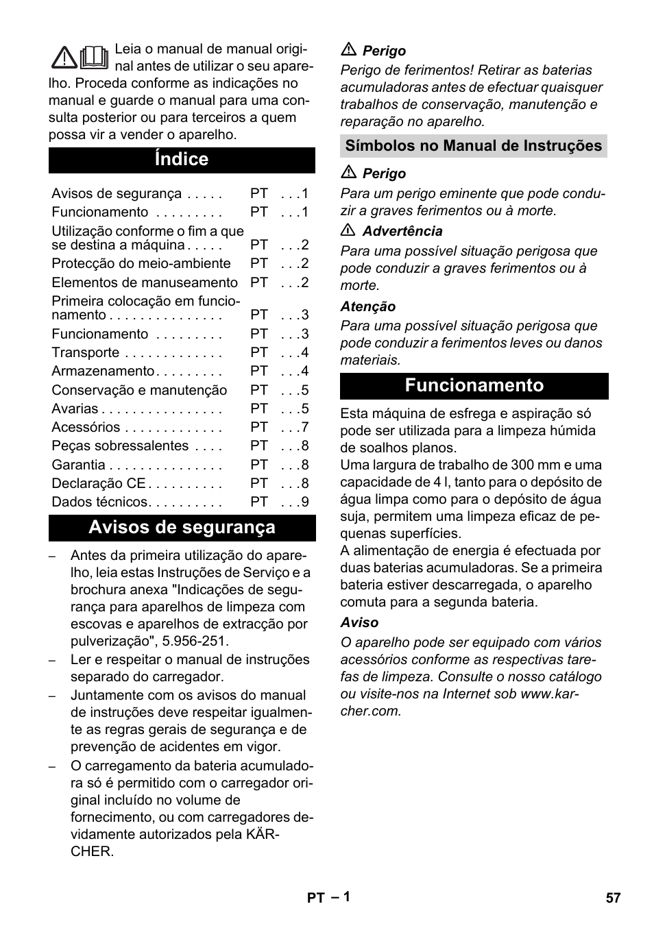 Português, Suomi, Índice | Avisos de segurança, Funcionamento | Karcher BR 30-4 C Bp Pack User Manual | Page 57 / 252