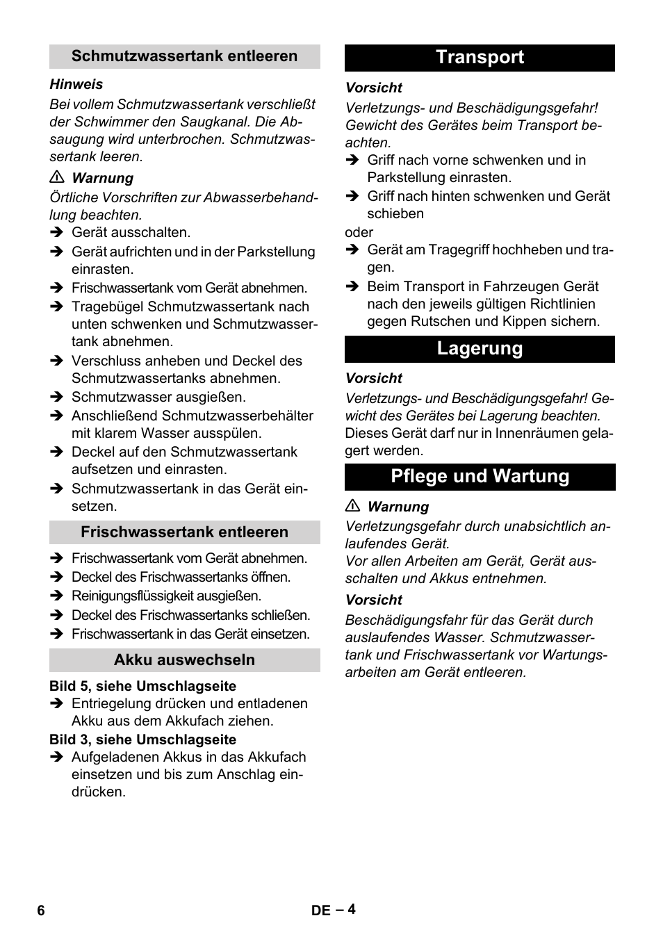 Transport lagerung pflege und wartung | Karcher BR 30-4 C Bp Pack User Manual | Page 6 / 252