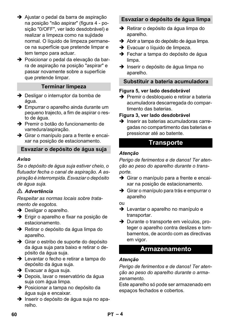 Transporte armazenamento | Karcher BR 30-4 C Bp Pack User Manual | Page 60 / 252