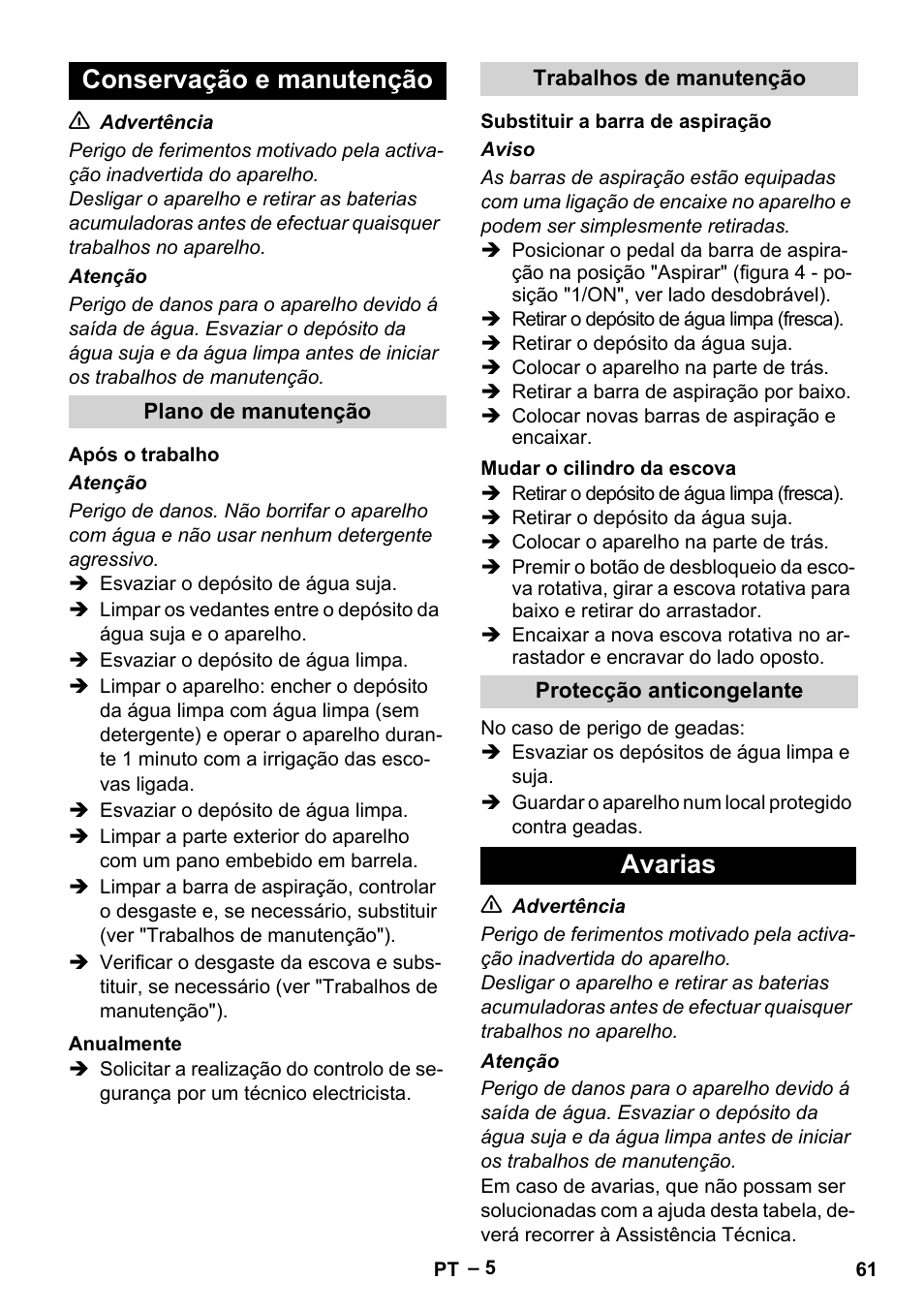 Conservação e manutenção, Avarias | Karcher BR 30-4 C Bp Pack User Manual | Page 61 / 252