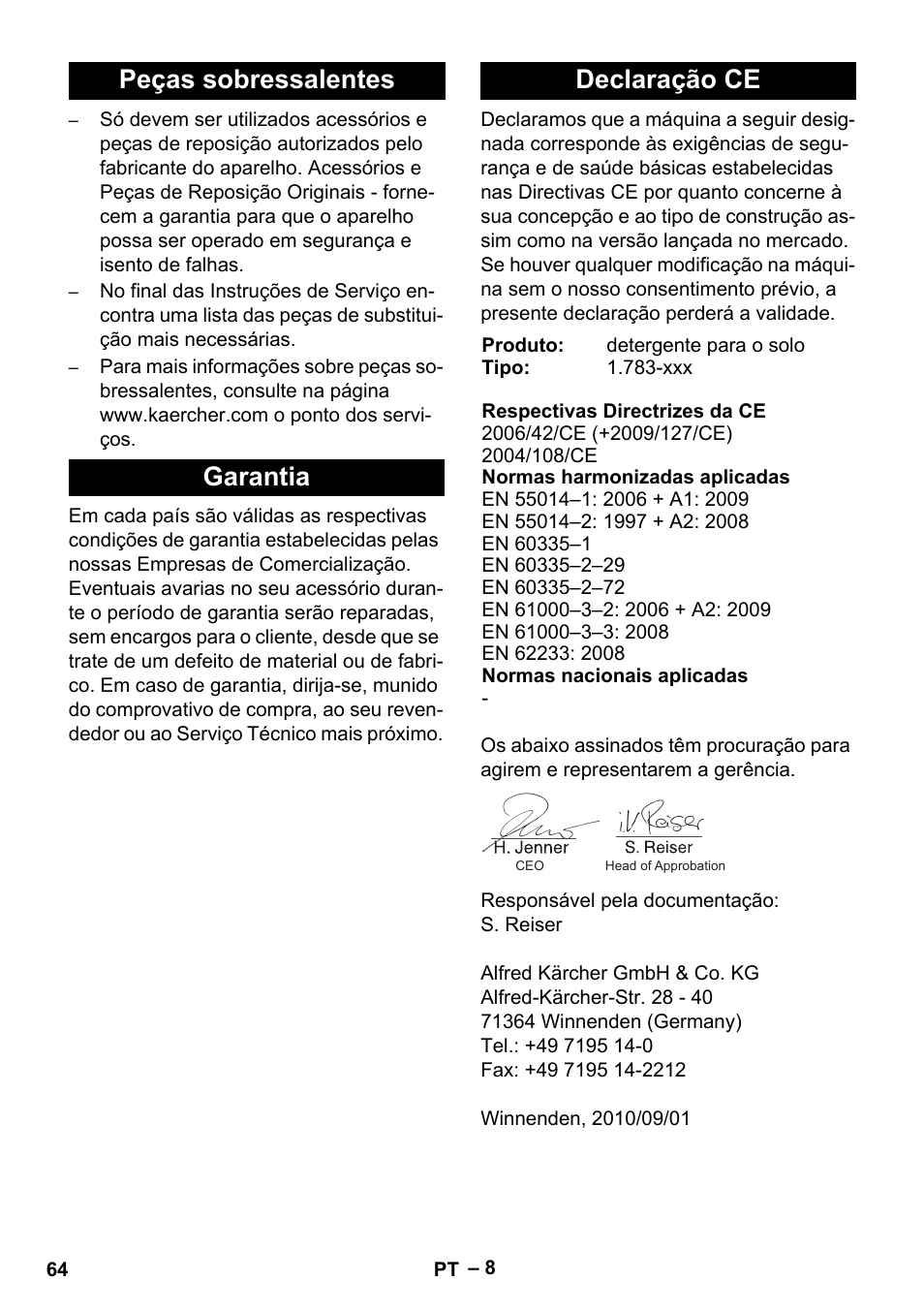 Peças sobressalentes garantia declaração ce | Karcher BR 30-4 C Bp Pack User Manual | Page 64 / 252