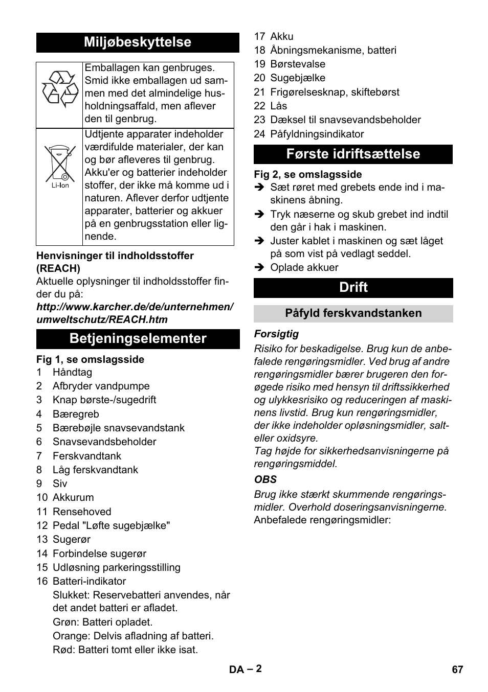 Miljøbeskyttelse, Betjeningselementer første idriftsættelse drift | Karcher BR 30-4 C Bp Pack User Manual | Page 67 / 252