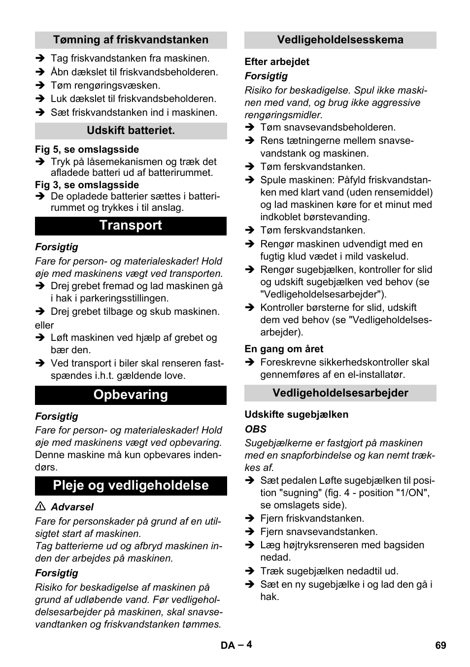 Transport opbevaring pleje og vedligeholdelse | Karcher BR 30-4 C Bp Pack User Manual | Page 69 / 252