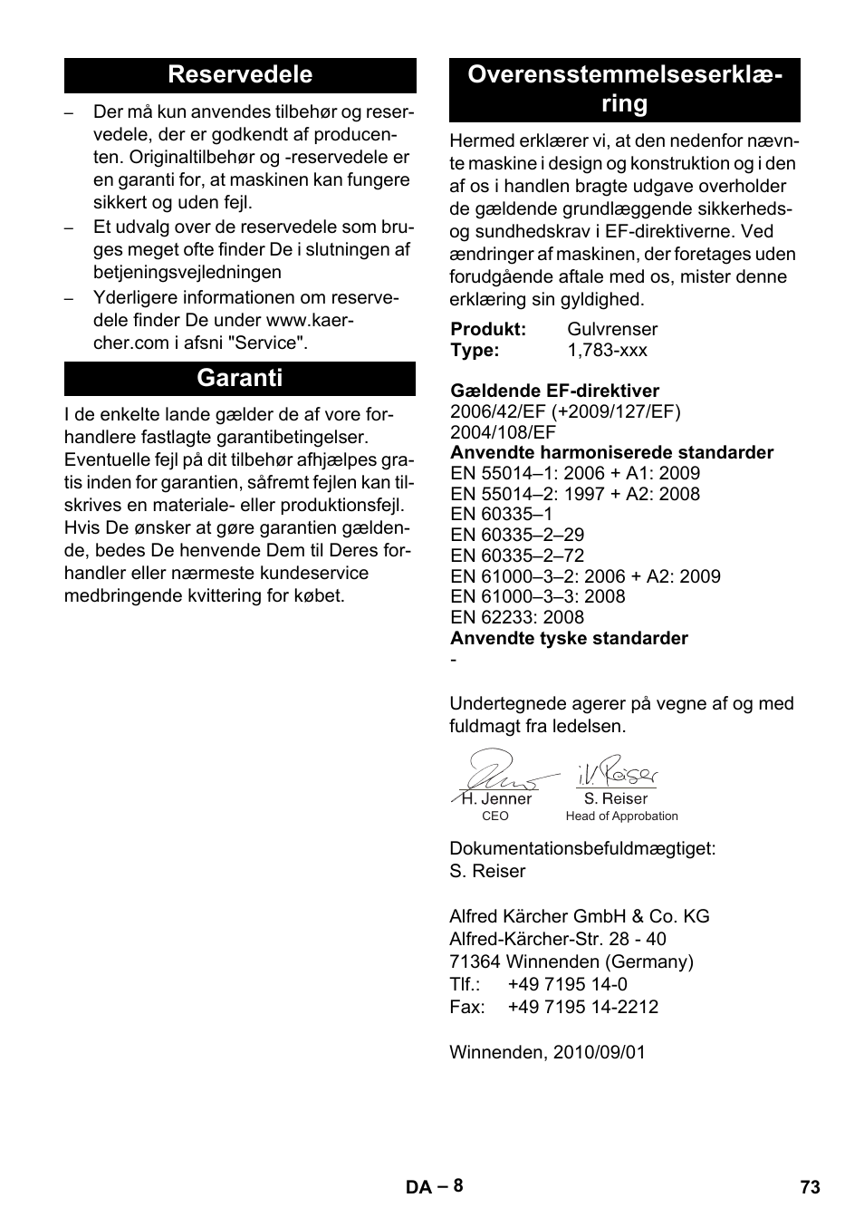 Reservedele garanti overensstemmelseserklæ- ring | Karcher BR 30-4 C Bp Pack User Manual | Page 73 / 252