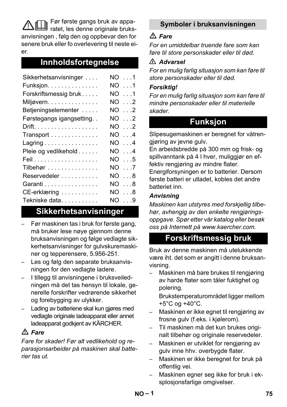 Norsk, Türkçe, Innholdsfortegnelse | Sikkerhetsanvisninger, Funksjon forskriftsmessig bruk | Karcher BR 30-4 C Bp Pack User Manual | Page 75 / 252