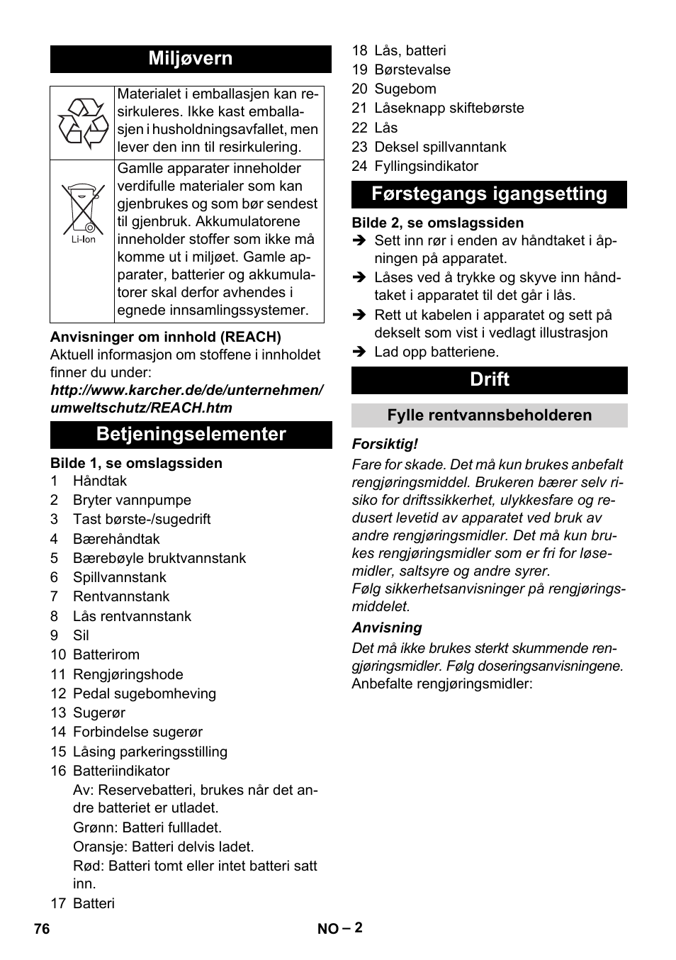 Miljøvern, Betjeningselementer førstegangs igangsetting drift | Karcher BR 30-4 C Bp Pack User Manual | Page 76 / 252