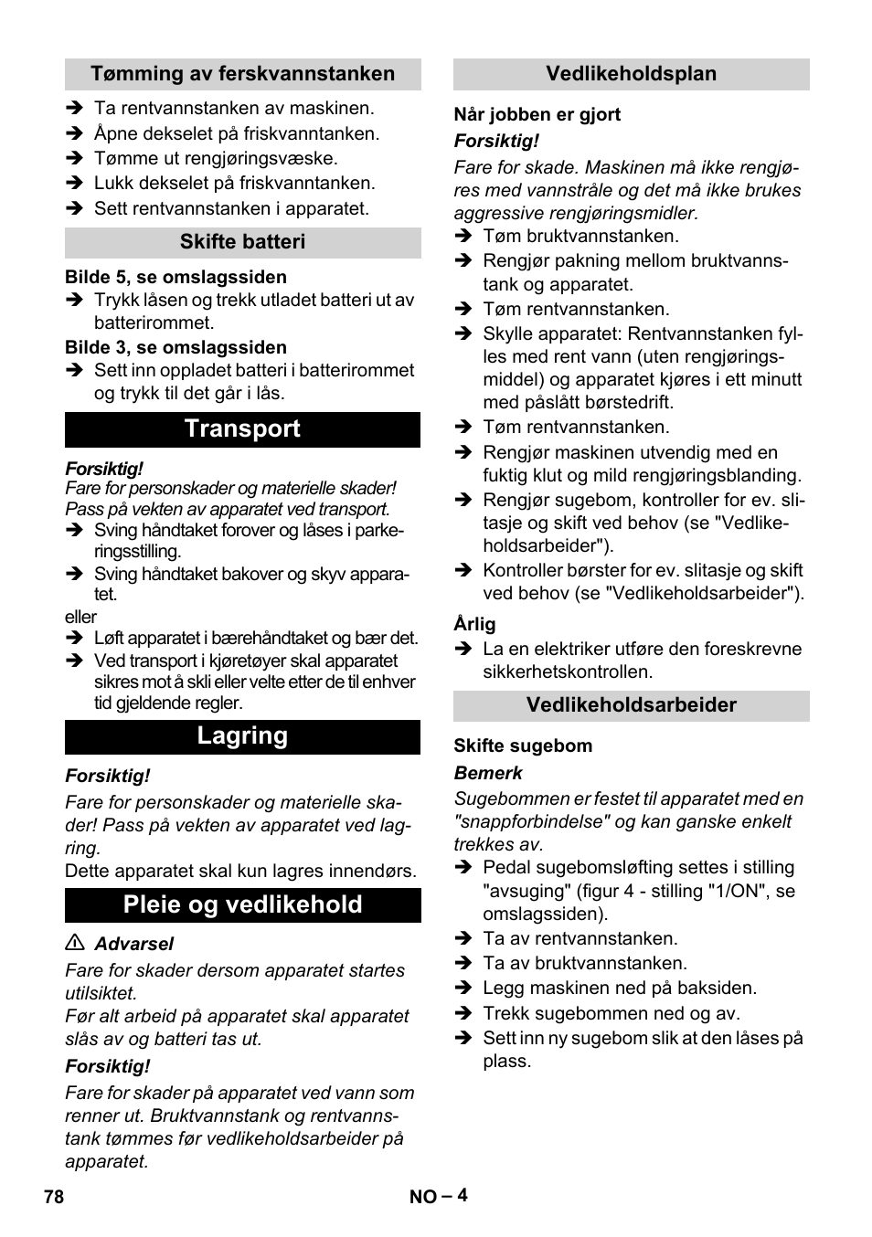 Transport lagring pleie og vedlikehold | Karcher BR 30-4 C Bp Pack User Manual | Page 78 / 252