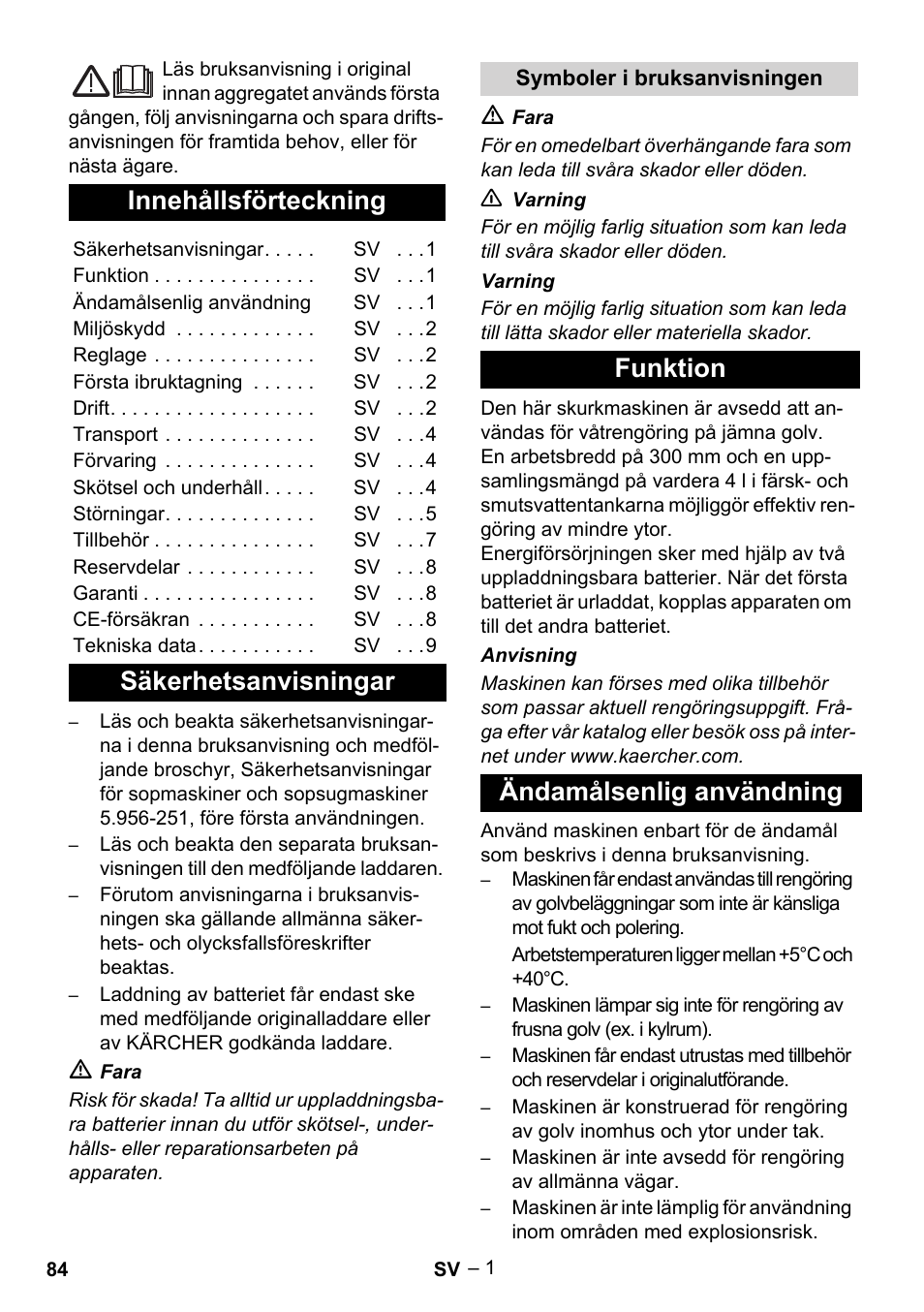 Svenska, Русский, Innehållsförteckning | Säkerhetsanvisningar, Funktion ändamålsenlig användning | Karcher BR 30-4 C Bp Pack User Manual | Page 84 / 252