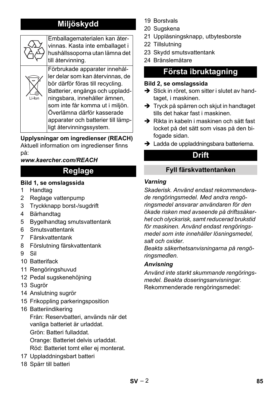 Miljöskydd, Reglage första ibruktagning drift | Karcher BR 30-4 C Bp Pack User Manual | Page 85 / 252