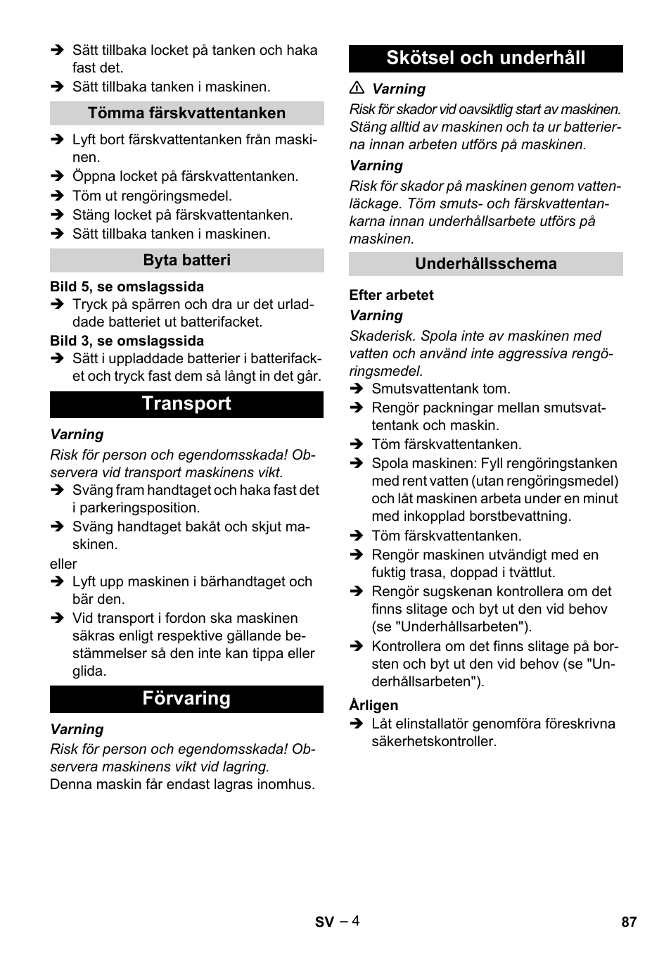 Transport förvaring skötsel och underhåll | Karcher BR 30-4 C Bp Pack User Manual | Page 87 / 252