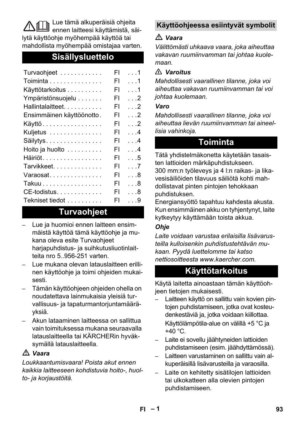 Suomi, Magyar, Sisällysluettelo | Turvaohjeet, Toiminta käyttötarkoitus | Karcher BR 30-4 C Bp Pack User Manual | Page 93 / 252