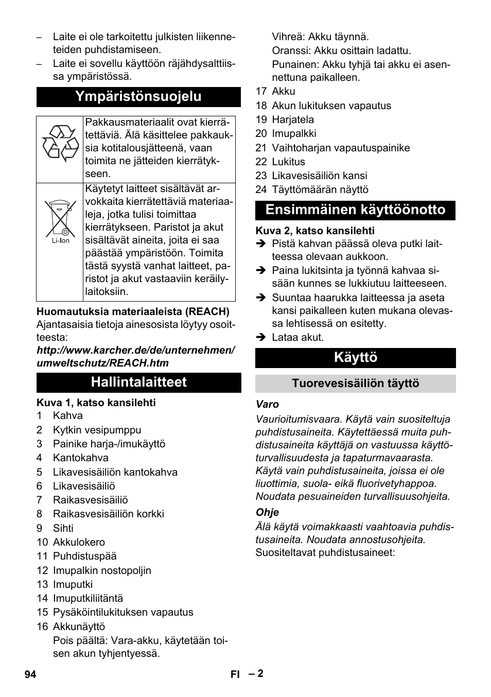 Ympäristönsuojelu, Hallintalaitteet ensimmäinen käyttöönotto käyttö | Karcher BR 30-4 C Bp Pack User Manual | Page 94 / 252