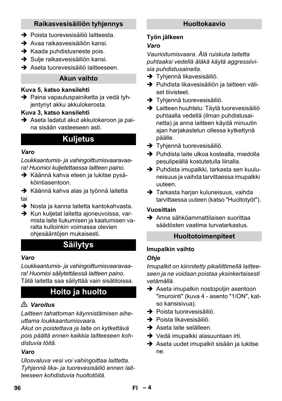 Kuljetus säilytys hoito ja huolto | Karcher BR 30-4 C Bp Pack User Manual | Page 96 / 252