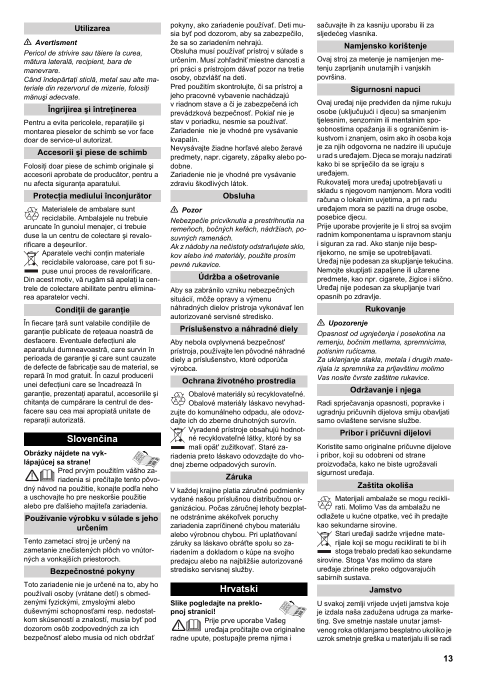Slovenčina, Hrvatski | Karcher KM 70-15 C User Manual | Page 13 / 18