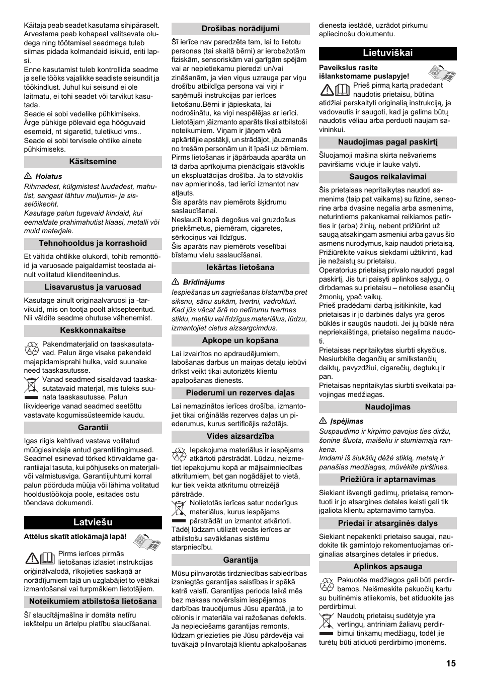Latviešu, Lietuviškai | Karcher KM 70-15 C User Manual | Page 15 / 18