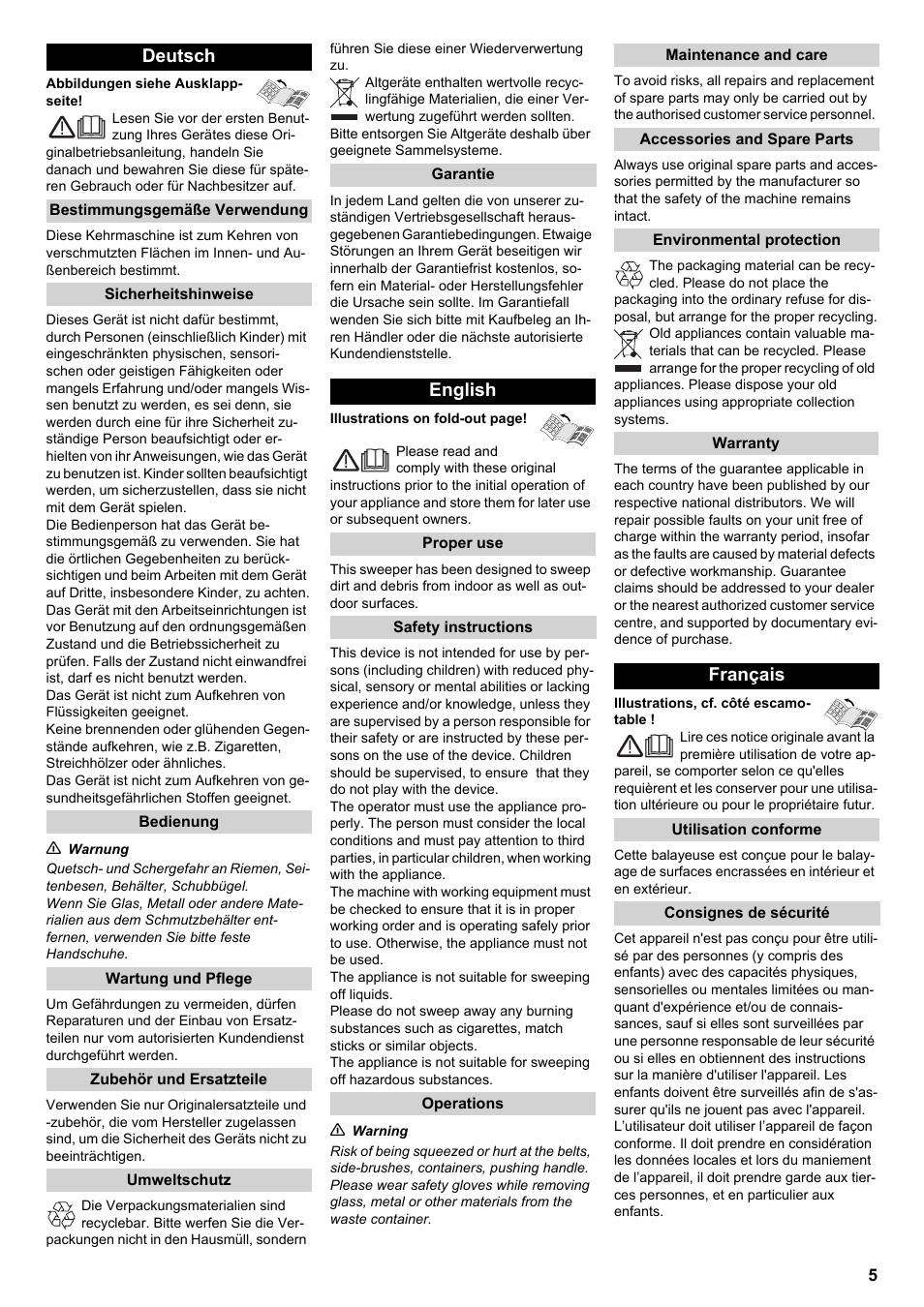 Deutsch, English, Français | Karcher KM 70-15 C User Manual | Page 5 / 18