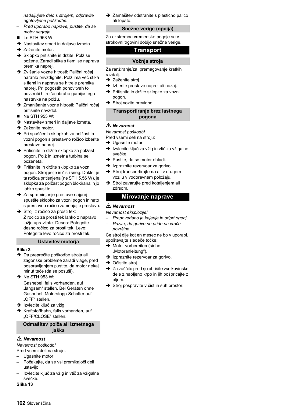 Transport, Mirovanje naprave | Karcher STH 10-76 W User Manual | Page 102 / 143