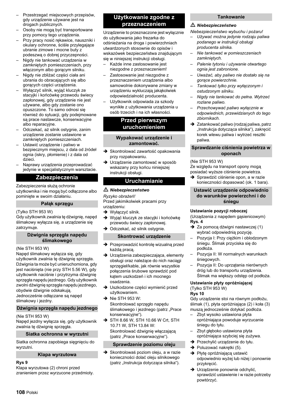 Zabezpieczenia, Uruchamianie | Karcher STH 10-76 W User Manual | Page 108 / 143