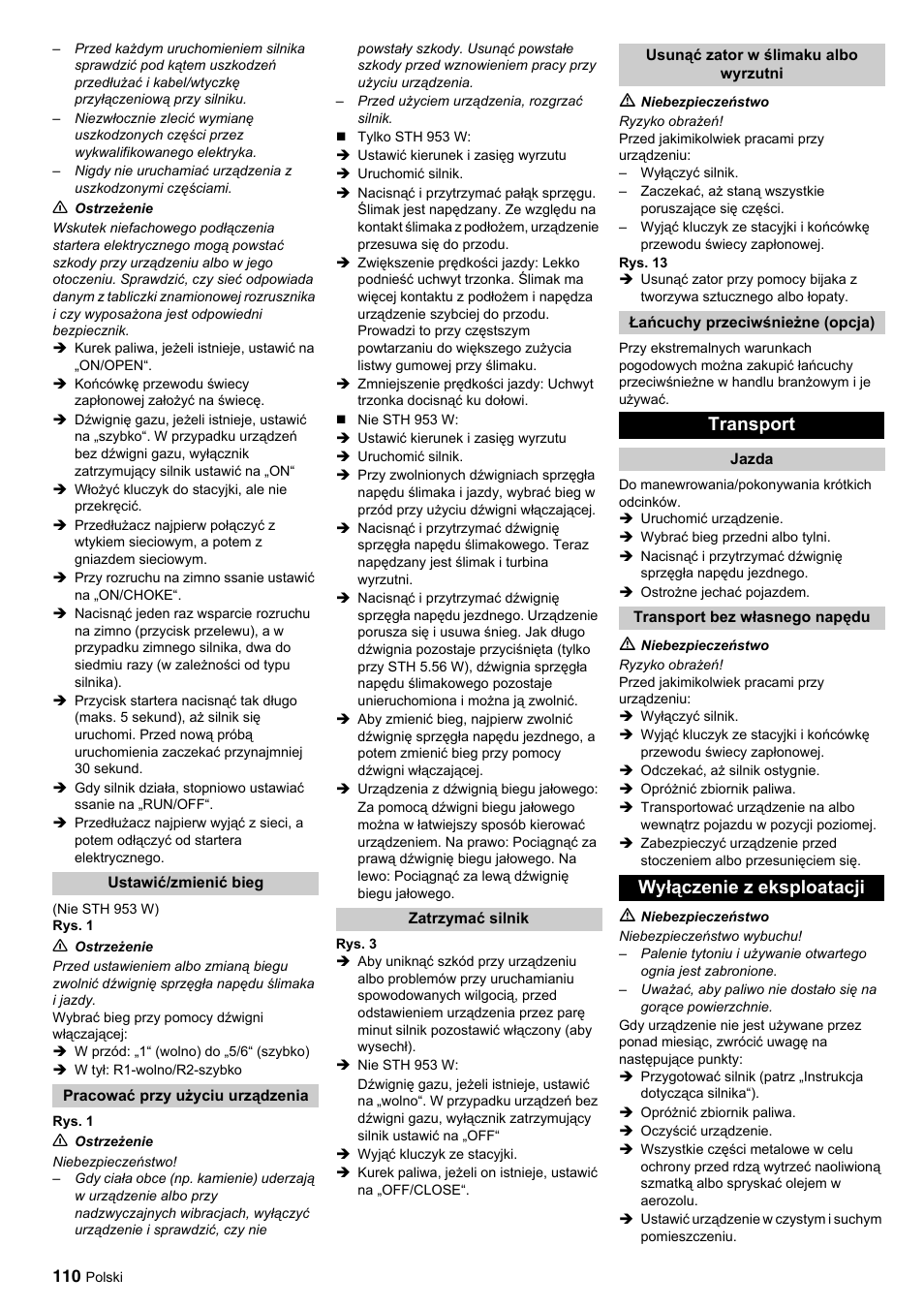 Transport, Wyłączenie z eksploatacji | Karcher STH 10-76 W User Manual | Page 110 / 143