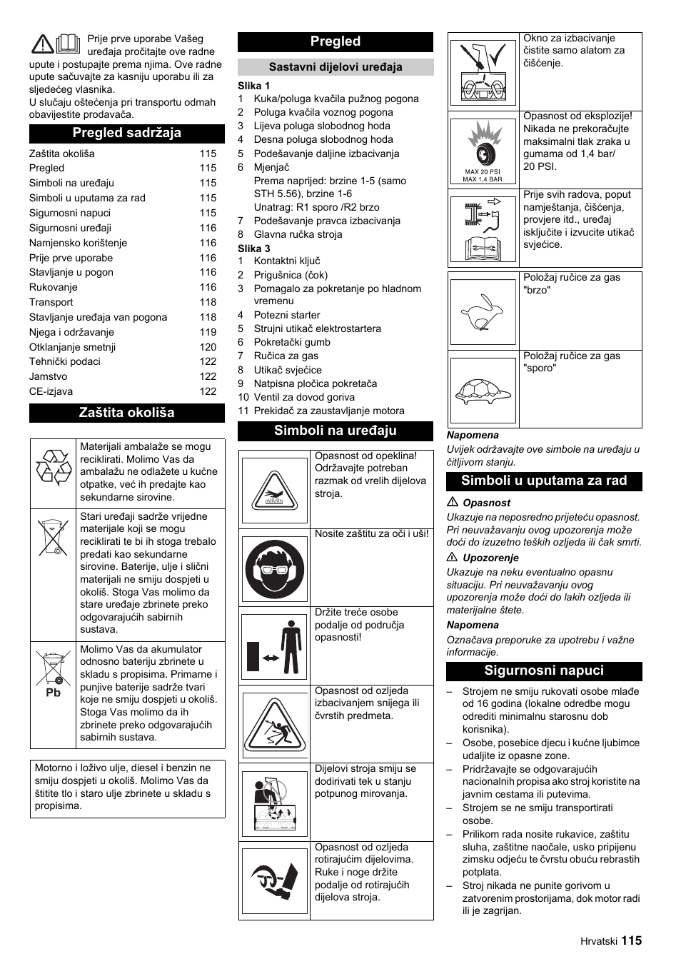 Pregled sadržaja zaštita okoliša, Pregled, Simboli na uređaju | Simboli u uputama za rad sigurnosni napuci | Karcher STH 10-76 W User Manual | Page 115 / 143