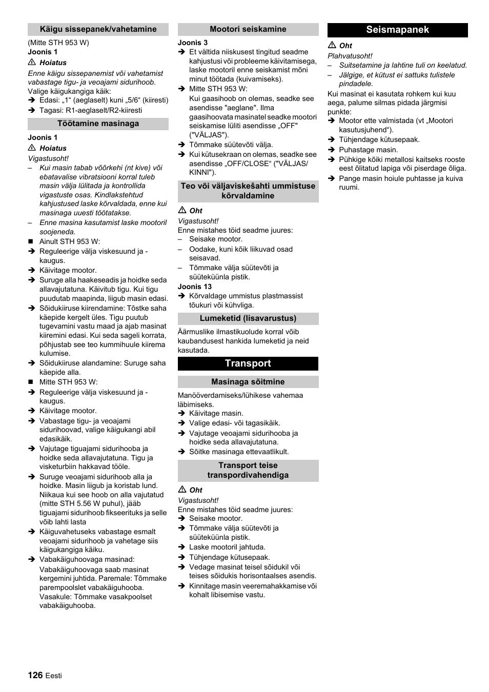 Transport, Seismapanek | Karcher STH 10-76 W User Manual | Page 126 / 143