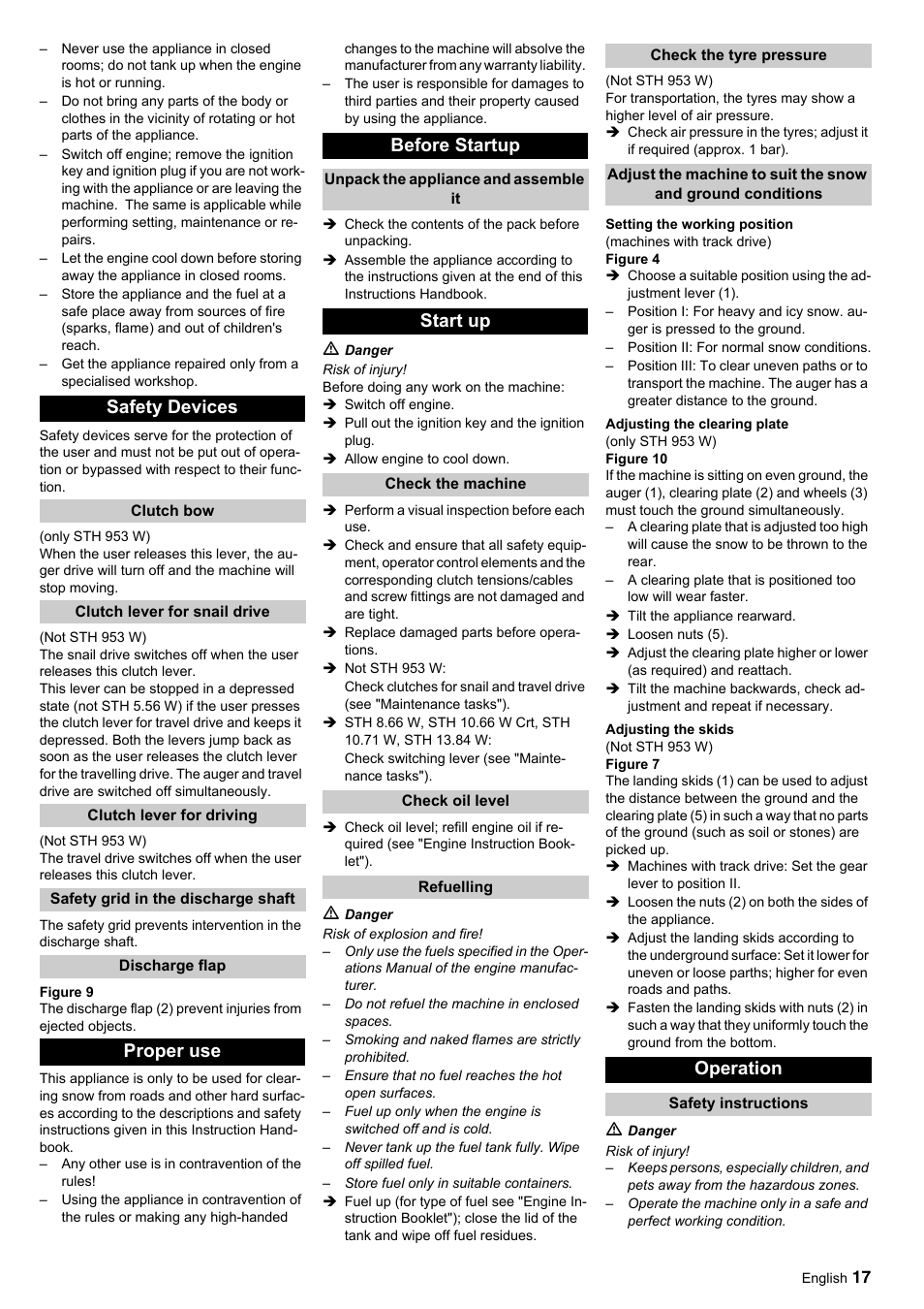 Safety devices, Proper use before startup, Start up | Operation | Karcher STH 10-76 W User Manual | Page 17 / 143