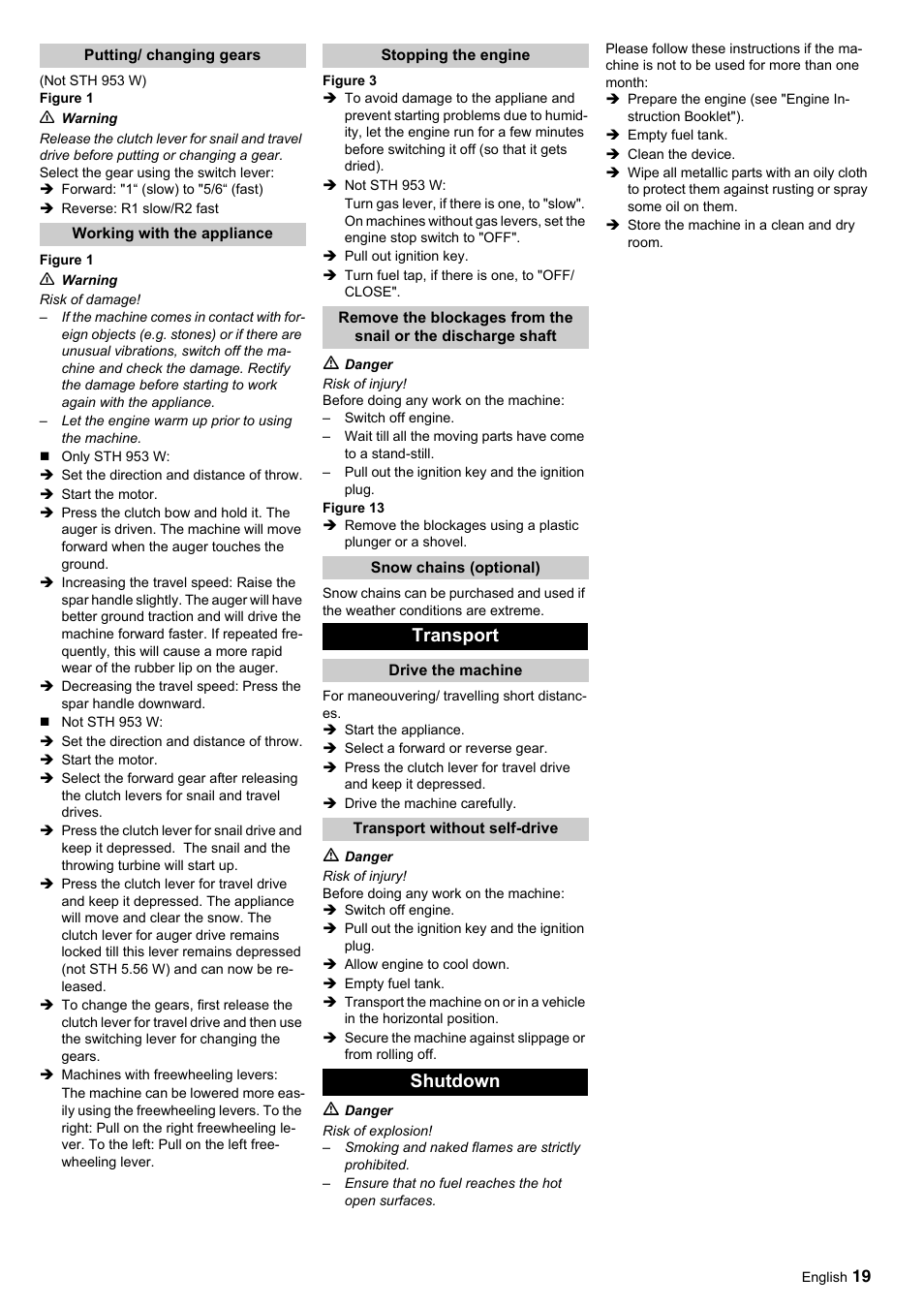 Transport, Shutdown | Karcher STH 10-76 W User Manual | Page 19 / 143