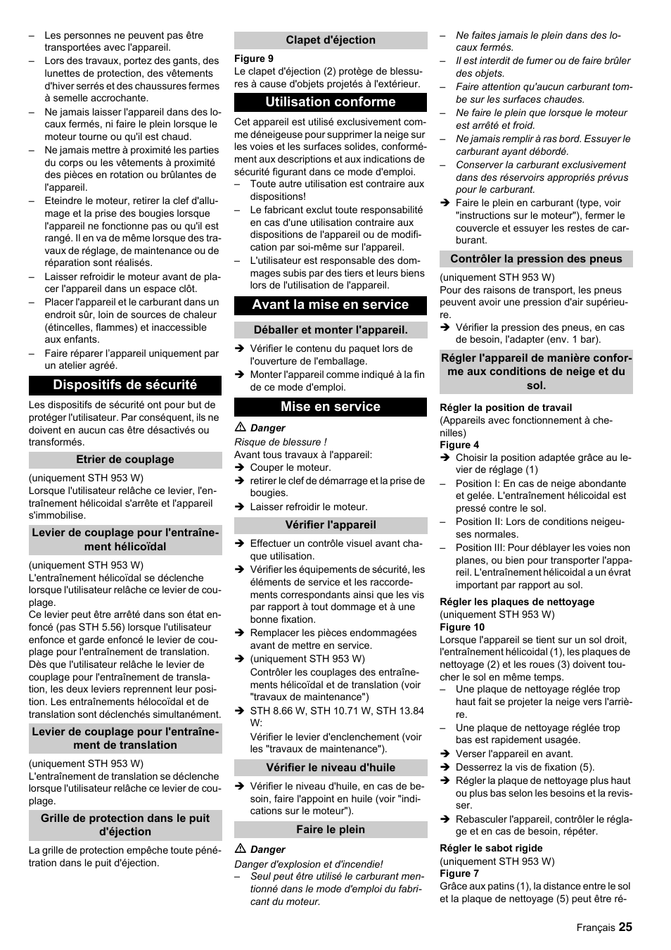Dispositifs de sécurité, Utilisation conforme avant la mise en service, Mise en service | Karcher STH 10-76 W User Manual | Page 25 / 143