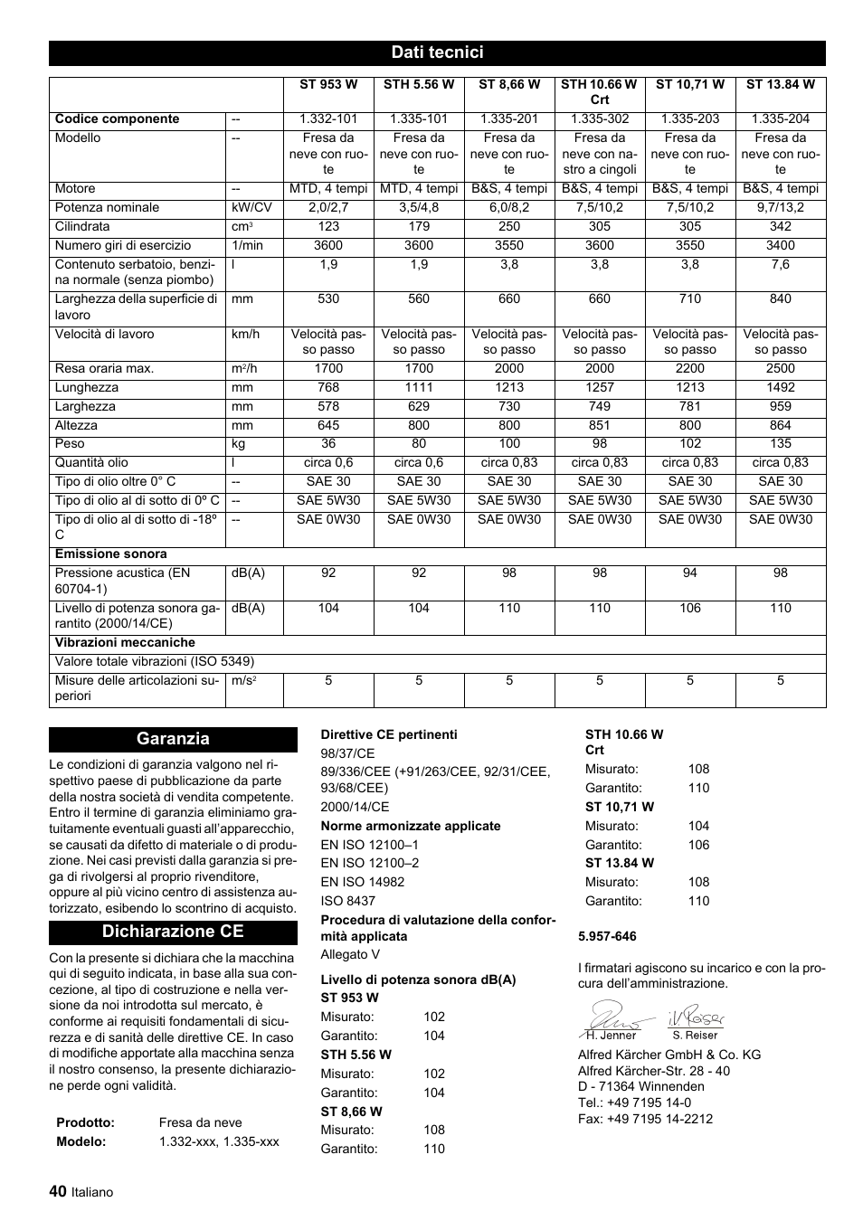 Dati tecnici, Garanzia dichiarazione ce | Karcher STH 10-76 W User Manual | Page 40 / 143