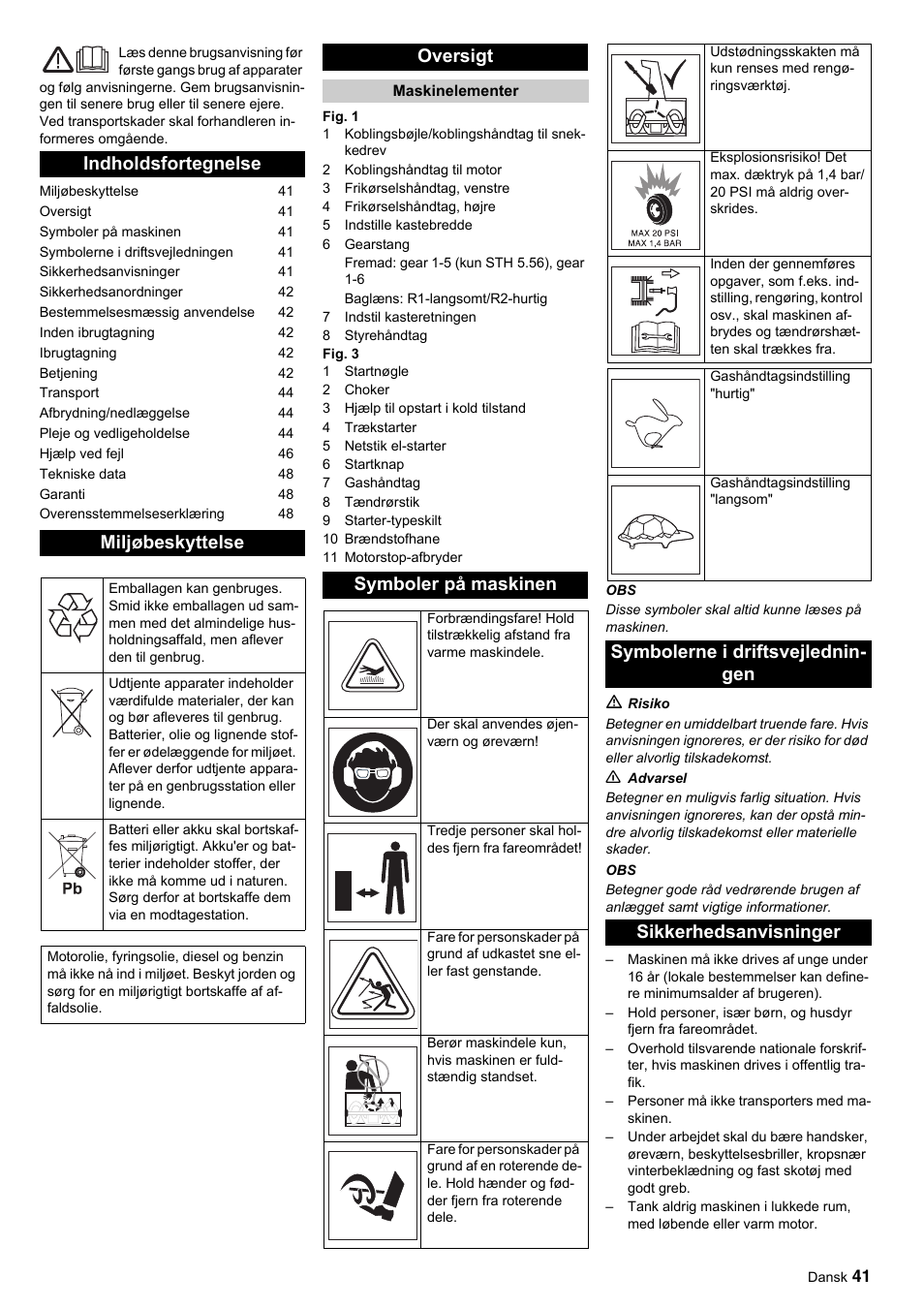 Indholdsfortegnelse miljøbeskyttelse, Oversigt, Symboler på maskinen | Karcher STH 10-76 W User Manual | Page 41 / 143
