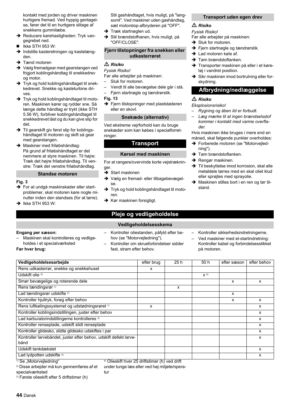 Transport, Afbrydning/nedlæggelse pleje og vedligeholdelse | Karcher STH 10-76 W User Manual | Page 44 / 143