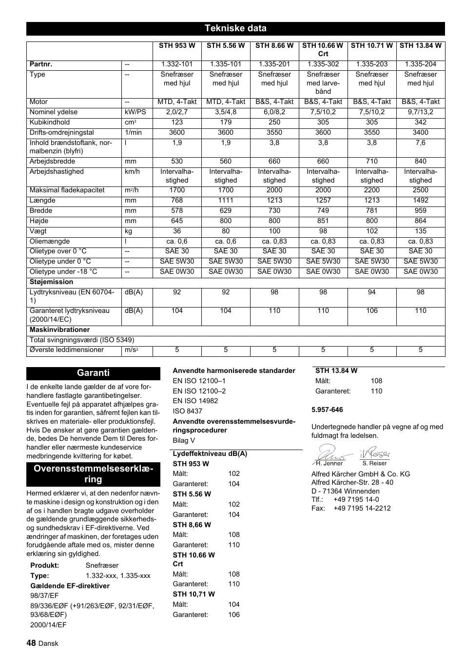 Tekniske data, Garanti overensstemmelseserklæ- ring | Karcher STH 10-76 W User Manual | Page 48 / 143