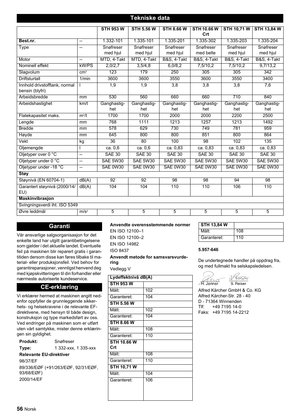 Tekniske data, Garanti ce-erklæring | Karcher STH 10-76 W User Manual | Page 56 / 143