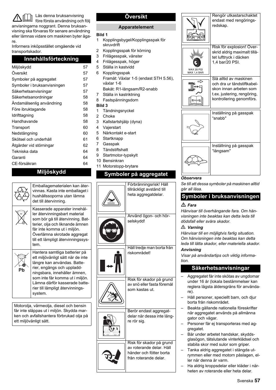 Innehållsförteckning miljöskydd, Översikt, Symboler på aggregatet | Symboler i bruksanvisningen säkerhetsanvisningar | Karcher STH 10-76 W User Manual | Page 57 / 143