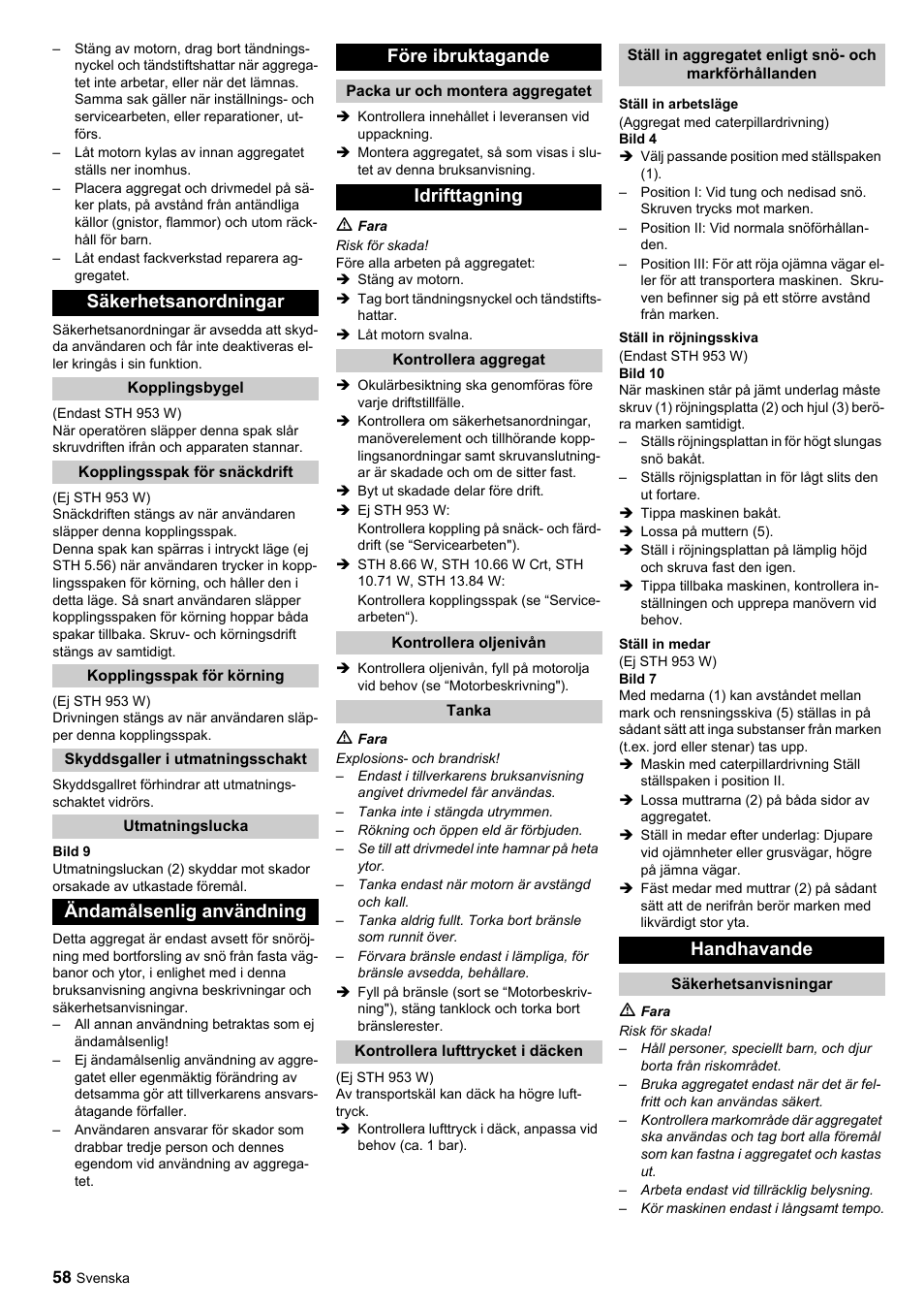 Säkerhetsanordningar, Ändamålsenlig användning före ibruktagande, Idrifttagning | Handhavande | Karcher STH 10-76 W User Manual | Page 58 / 143