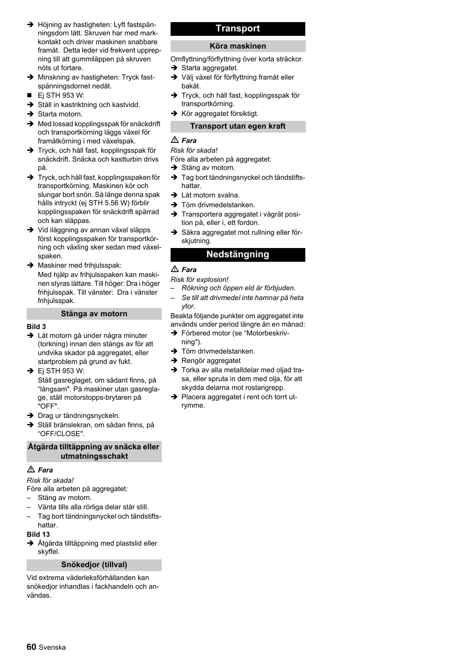 Transport, Nedstängning | Karcher STH 10-76 W User Manual | Page 60 / 143