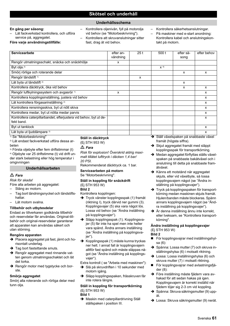 Skötsel och underhåll | Karcher STH 10-76 W User Manual | Page 61 / 143