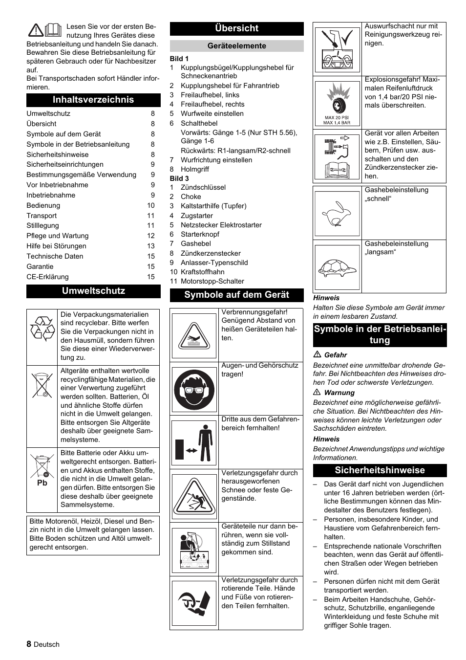 Inhaltsverzeichnis umweltschutz, Übersicht, Symbole auf dem gerät | Karcher STH 10-76 W User Manual | Page 8 / 143