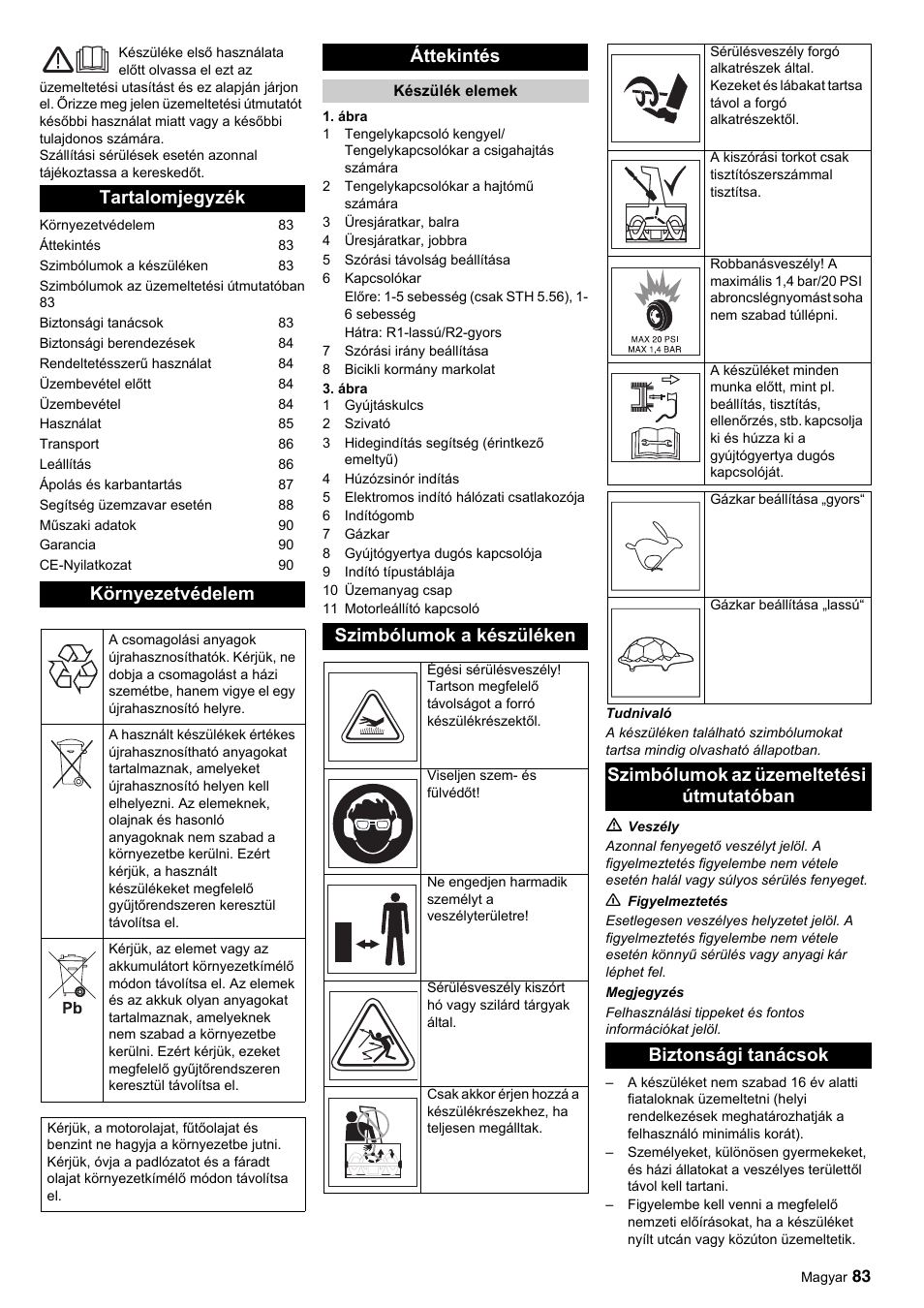 Tartalomjegyzék környezetvédelem, Áttekintés, Szimbólumok a készüléken | Karcher STH 10-76 W User Manual | Page 83 / 143