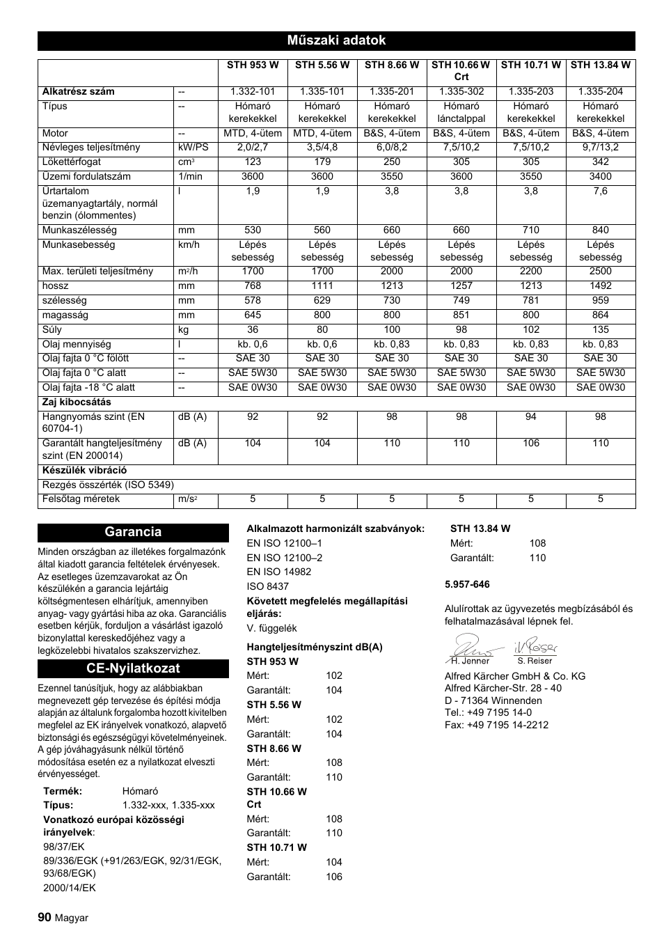 Műszaki adatok, Garancia ce-nyilatkozat | Karcher STH 10-76 W User Manual | Page 90 / 143