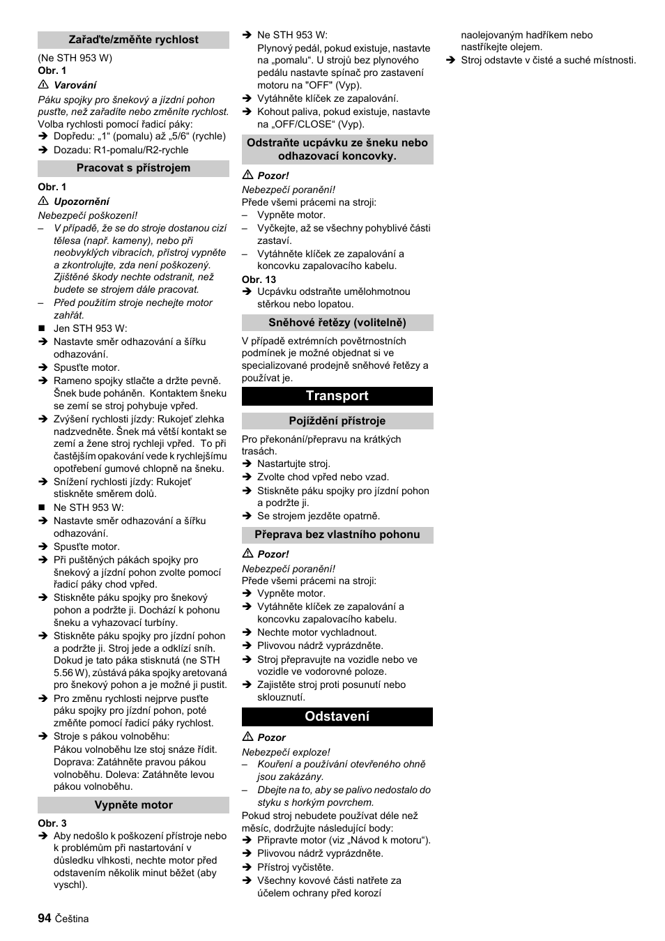 Transport, Odstavení | Karcher STH 10-76 W User Manual | Page 94 / 143